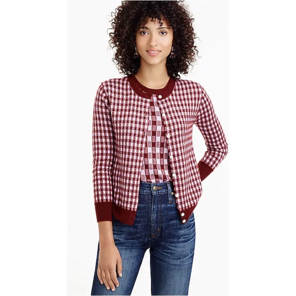 J.Crew Collection Italian Cashmere Gingham Cardigan Sweater Burgundy Pink Size M